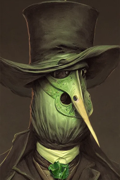 Prompt: A fancy portrait of a green plague doctor wearing a beak mask by Greg Rutkowski, Dan Mumford, Christophe Vacher, Sung Choi, Mitchell Mohrhauser, Johnson Ting, Bloodborne, 8k photorealistic, volumetric lighting, HD, high details, dramatic, dark atmosphere, trending on artstation