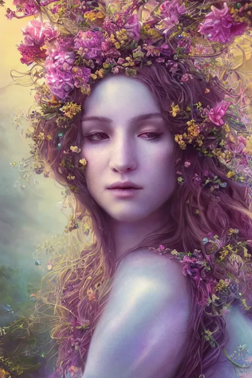 Image similar to elaborately detailed close up portrait of an extremely beautiful girl with long dark hair surrounded by flowers, an eerie mist and ethereal rainbow bubbles, Aetherpunk, high fantasy professionally painted digital art painting, fantasy matte painting movie poster, Art Nouveau, smooth, sharp focus, atmospheric lighting, highly detailed illustration highlights, backlight, golden ratio, 8K detail post-processing, symmetrical facial features, rich deep moody colors, majestic, dark epic fantasy, award winning picture, sense of awe, featured on DeviantArt, trending on cgsociety