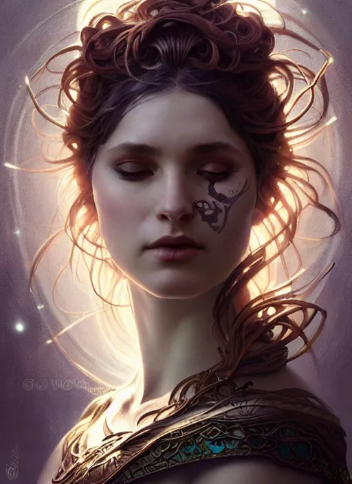 Image similar to a beautiful cinematic female druid goddess, galatic shamen with Quantum energy fantasy, fantasy magic, undercut hairstyle, dark light night, intricate, elegant, sharp focus, illustration, highly detailed, digital painting, concept art, matte, art by WLOP and Artgerm and Greg Rutkowski and Alphonse Mucha, masterpiece