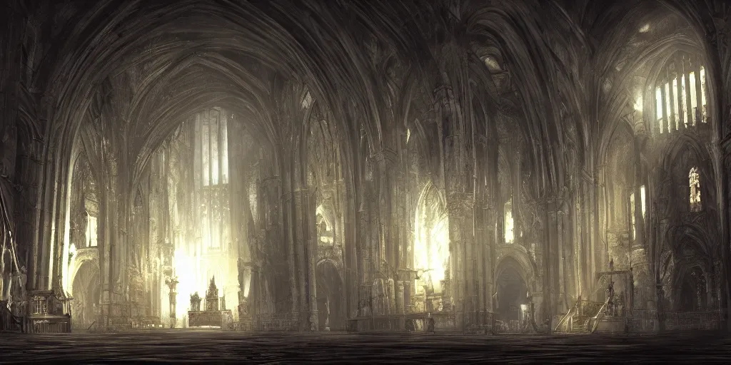 Image similar to inside cathedral from demons souls, gothic art, concept art, digital painting, trending on art station, night time render, moon light, god rays, highly detailed