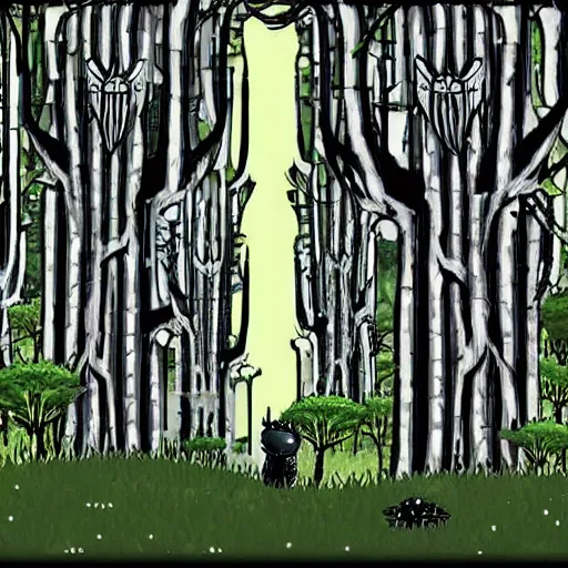 Image similar to forest of trees, style of hollow knight