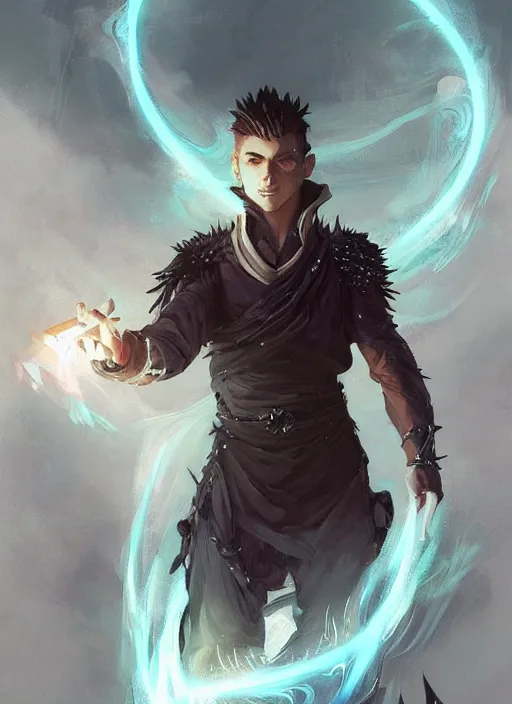 Image similar to character concept portrait of a handsome young wizard with olive skin and buzzed short spiky hairstyle casting a glowing spell with glowing runes, a floating iridescent spell book, intricate, elegant, digital painting, concept art, smooth, sharp focus, illustration, from Metal Gear, by Ruan Jia and Mandy Jurgens and Artgerm and William-Adolphe Bouguereau