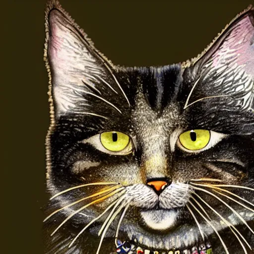 Image similar to portrait of a very fluffy dark tabby cat with green eyes, starlight, full body, smiling cat, golden colors, jewelry, intricate, elegant, highly detailed, smooth, sharp focus, illustration, art by gustav klimt