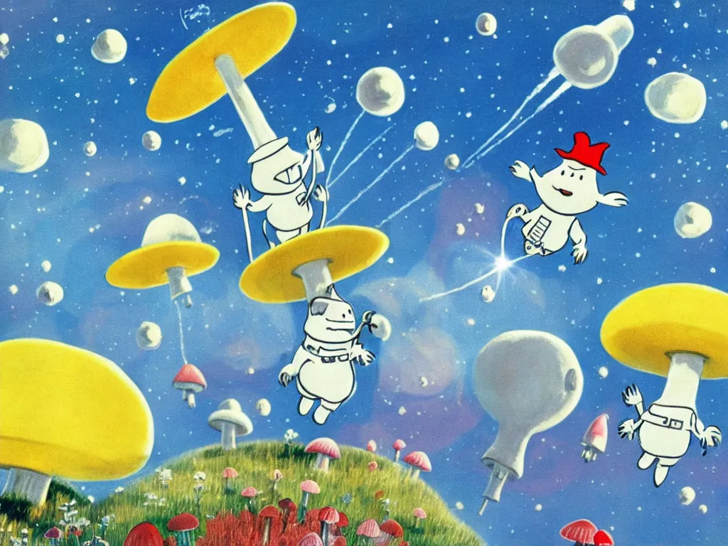 Image similar to moomins in space suits flying around with jetpacks discovering the mushroom planet, photorealistic painting, cgi, low light, movie still