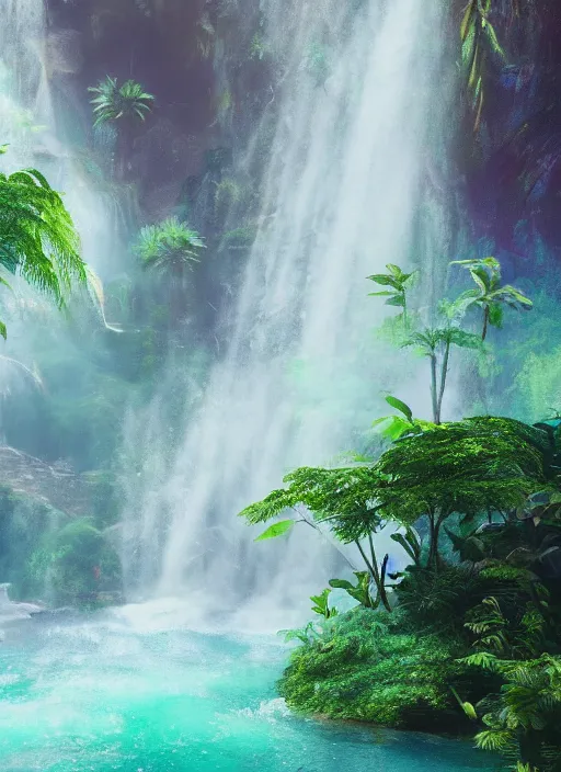 Image similar to epic jungle turquoise waterfall, highly detailed, mist, god rays, cinematic, cinematic lighting, octane render, ultra details, pastel painting by tyrus wong, 8K
