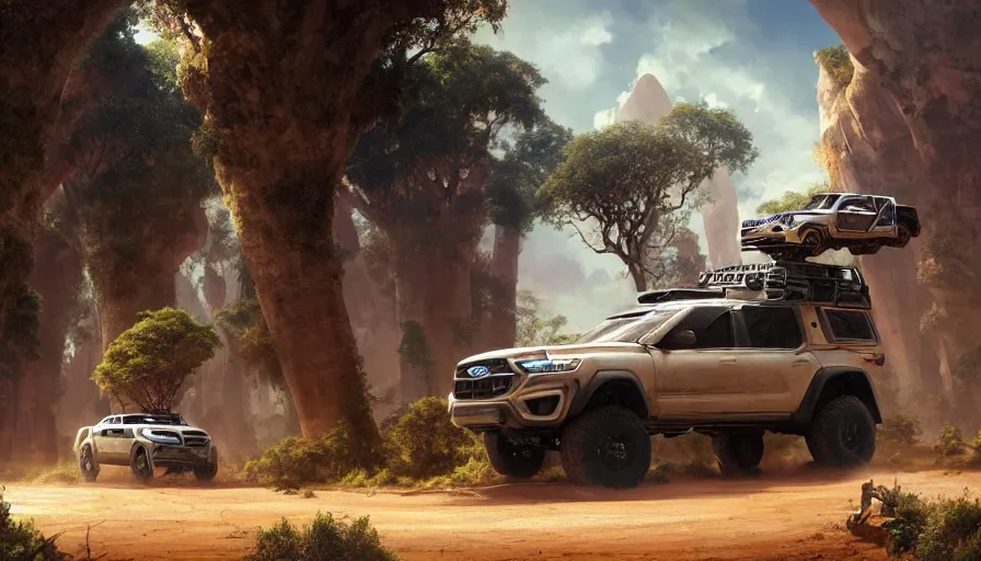 Prompt: an offroad suv designed by ford driving through madagascar with baobabs trees, artgerm and greg rutkowski and alphonse mucha, an epic fantasy, volumetric light, detailed, establishing shot, an epic fantasy, trending on art station, octane render, midsommar