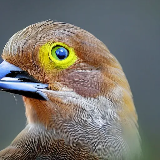 Image similar to bird stares face on into camera with quizzical expression, extremely detailed cartoon