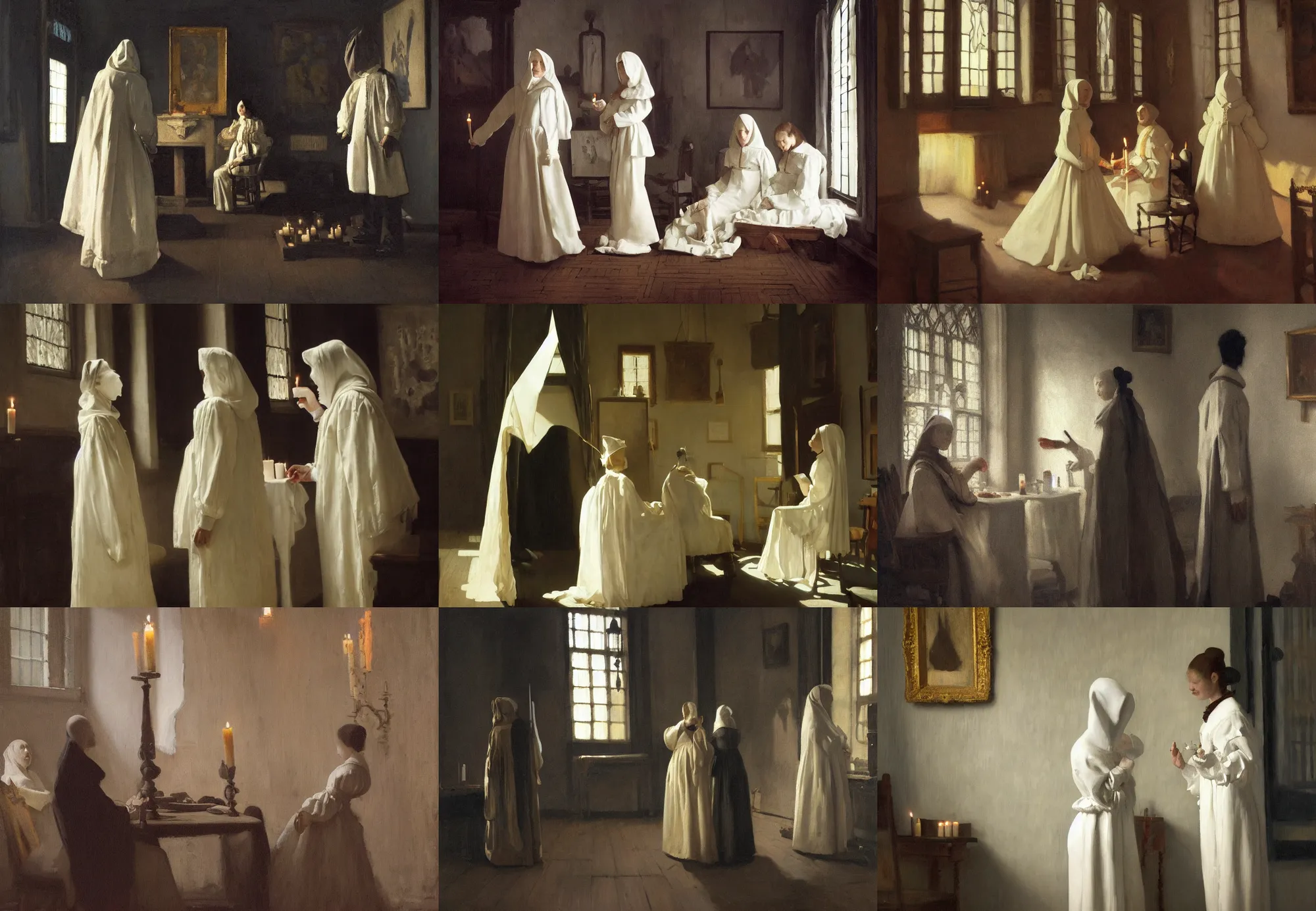Prompt: painting of white human figures, dark academia aesthetic, victorian doctors, Hogwarts, magic vibes, hard lighting, by, by John Ward, by Arthur Walker, by Vermeer, by Monet, oil on canvas, Royal Academy, candles, dark masterpiece, trending on artstation, cinematic composition, dramatic pose, beautiful lighting, sharp
