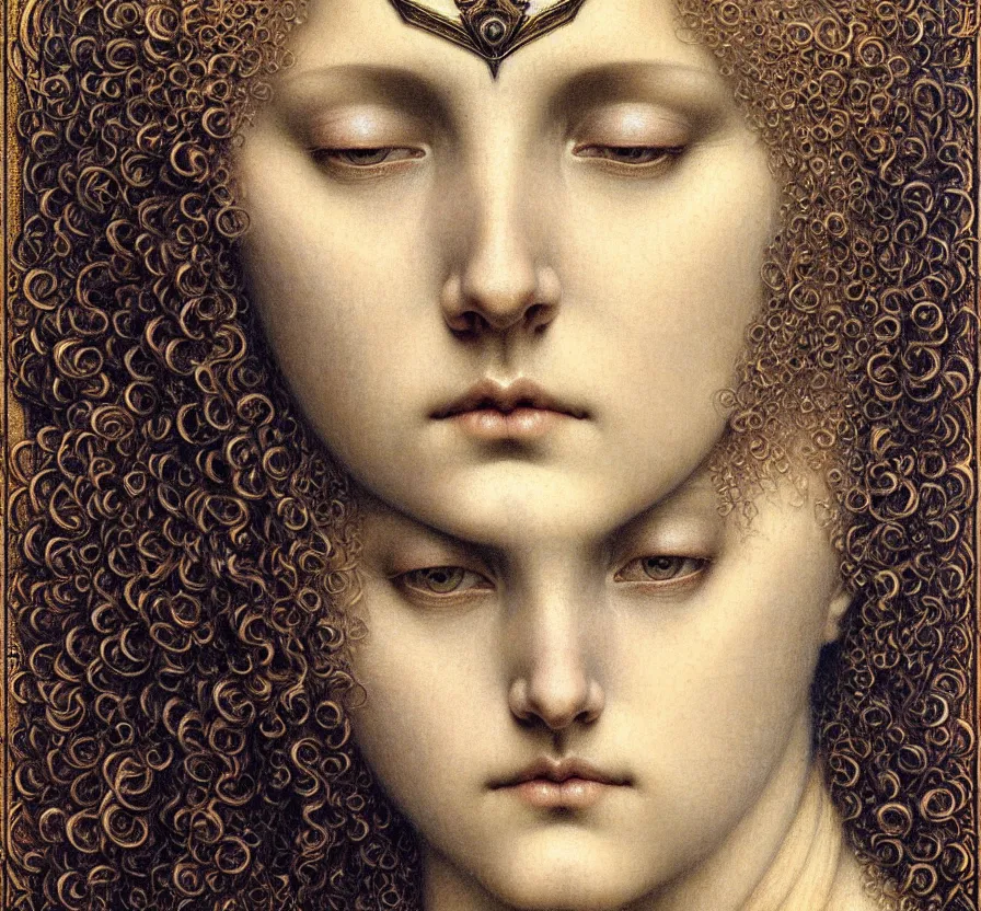 Image similar to detailed realistic beautiful young medieval queen face portrait by jean delville, gustave dore and marco mazzoni, art nouveau, symbolist, visionary, gothic, pre - raphaelite. horizontal symmetry