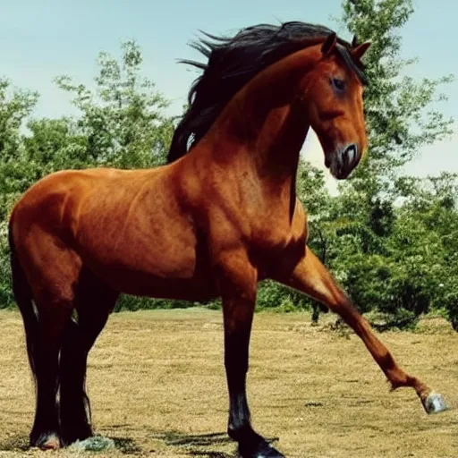 Image similar to a big ol' normal looking horse, regular horse, nothing weird happening, it's just a cool horse doing horse things and loving being a horse