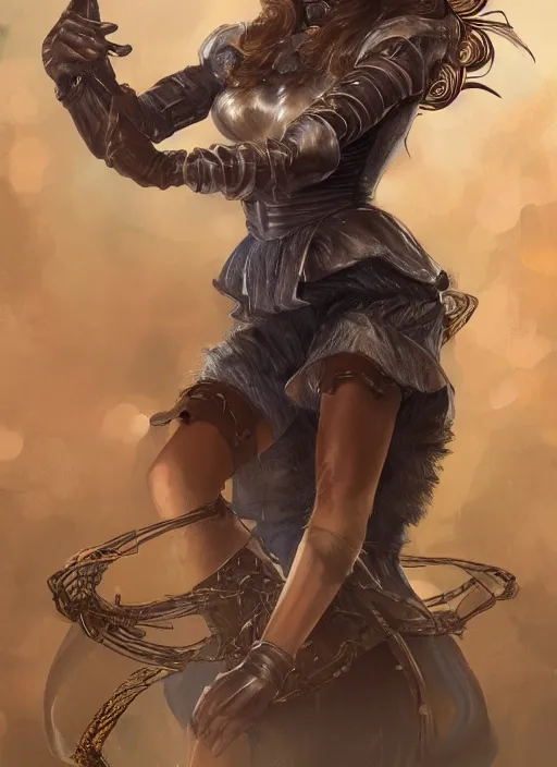 Image similar to beautiful female dorothy gale, rebecca romijn as dorothy, full body character concept, covered in full leather armor, art nouveau, super powers, fantasy, intricate, elegant, highly detailed, digital painting, artstation, concept art, shining, sharp focus, illustration, art by stanley lau