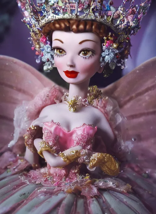 Image similar to closeup face profile portrait of tin toy vivien leigh as a fairytale princess wearing a crown eating cakes, bikini, depth of field, zeiss lens, detailed, symmetrical, centered, fashion photoshoot, by nicoletta ceccoli, mark ryden, lostfish, breathtaking, 8 k resolution, extremely detailed, beautiful, establishing shot, artistic, hyperrealistic, octane render