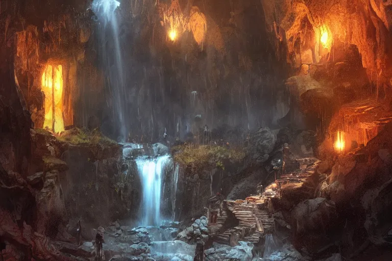 Prompt: inside of a dark cave, small water stream and ramp to a waterfall, orange minerals, fantasy, highly detailed, art by greg rutkowski