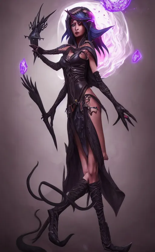 Image similar to full body shot of dark elf witch, highly detailed, d & d, fantasy, highly detailed, digital painting, trending on artstation, concept art, sharp focus, illustration, global illumination, ray tracing, realistic shaded, art by artgerm and greg rutkowski and fuji choko and viktoria gavrilenko and hoang lap,