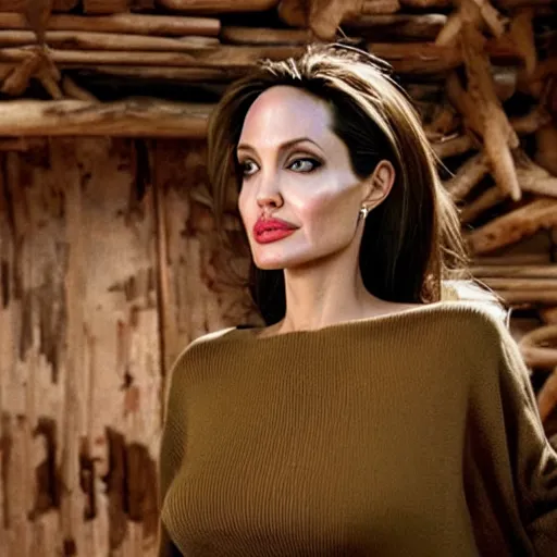 Prompt: angelina jolie as a a beautiful wood cabin in the forest