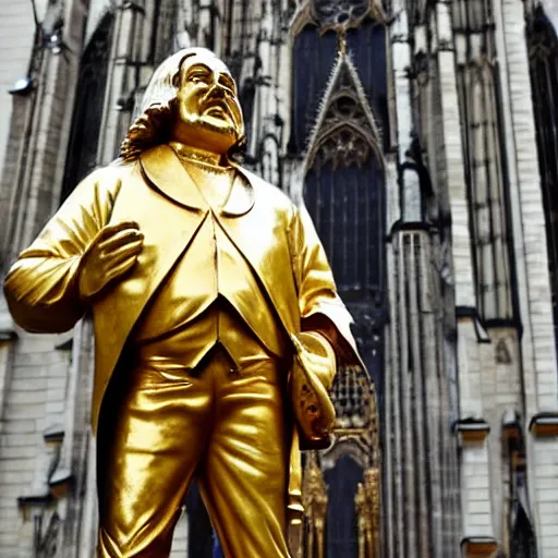 Image similar to a golden statue of bach standing infront of a german cathedral.