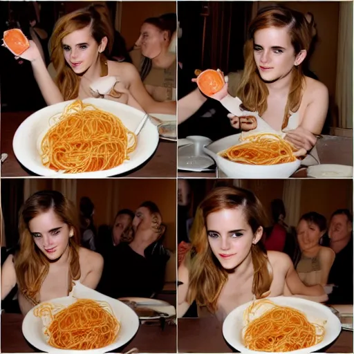 Prompt: Emma Watson eating too much spaghetti