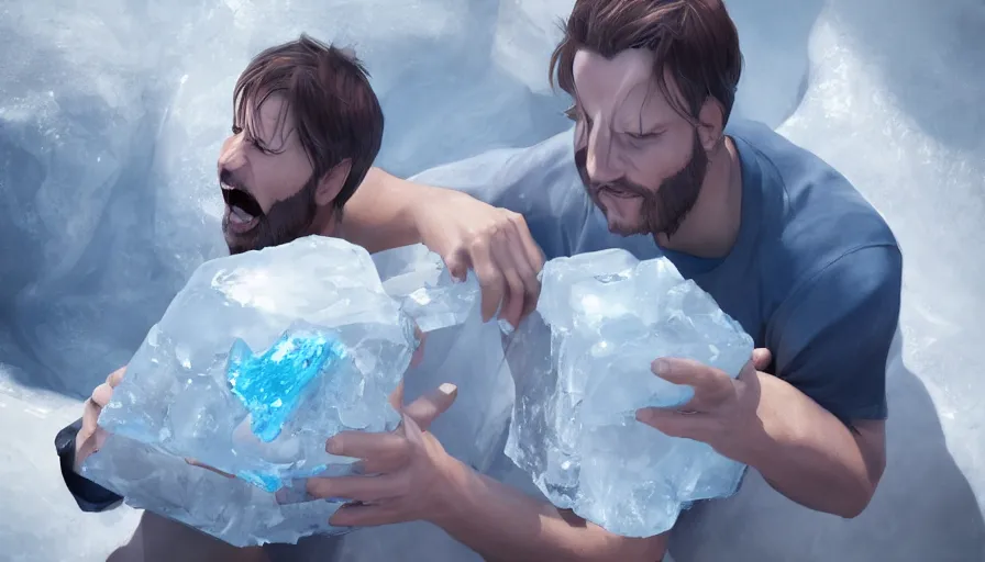 Prompt: a guy hugging a huge ice cube to cool off on a hot summer day, hyperdetailed, artstation, cgsociety