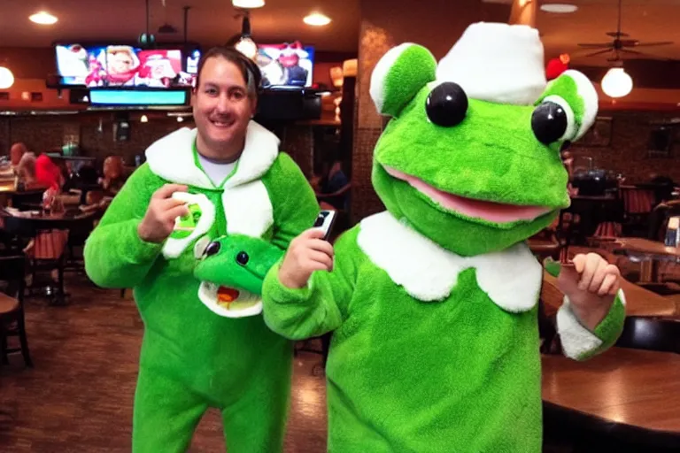 Image similar to taking a selfie with a frog fluffy mascot costume at an applebee's, cell phone photo