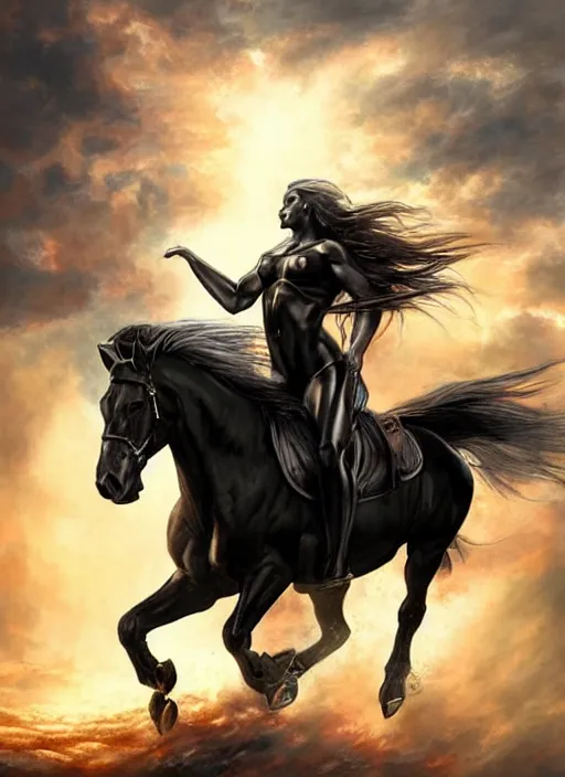 Prompt: the first horseman of the apocalypse riding a strong big black stallion, horse is running, the rider is carrying the scales of justice, beautiful artwork by artgerm and rutkowski, breathtaking, beautifully lit, dramatic, full view