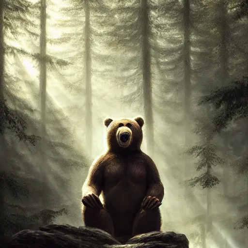 Image similar to a giant anthropomorphic bear singing on a stage in a forest, digital art, detailed face, highly detailed, calm, deviantart, art by greg rutkowski, artstation, natural lighting, dramatic