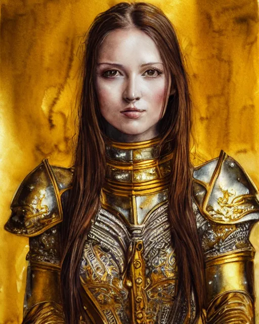 Prompt: watercolor painting portrait of woman in shining golden armor, high production value, intricate details, high resolution, hdr, high definition, masterpiece, realistic, ultrarealistic, highly detailed, hd, sharp focus, non blurry, sharp, smooth