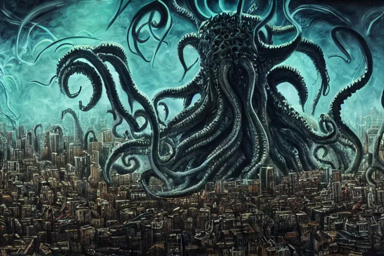 Image similar to man is seeing old god eldritch horror cthulhu terrifying the night sky of a modern city with tall buildings, epic scene, hyper - detailed, gigantic cthulhu, photo - realistic wallpaper, dark art, oil paint