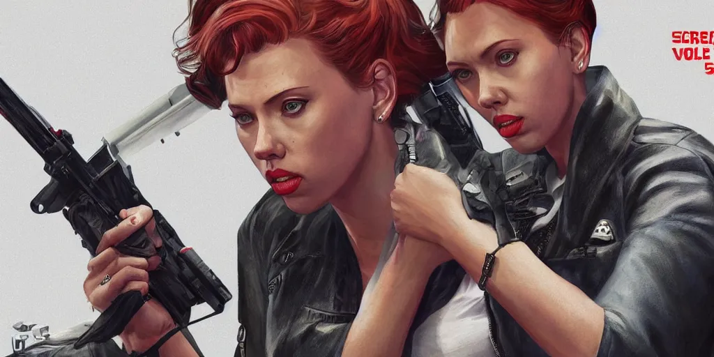 Image similar to Scarlet Johansson in GTA V, cover art by Stephen Bliss, artstation, no text