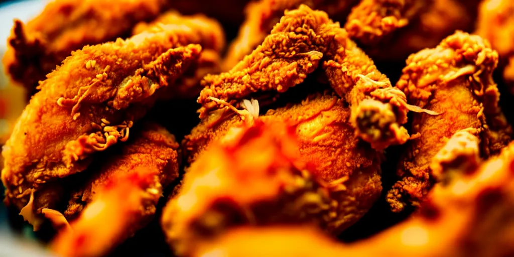 Prompt: photo of fried chicken, close - up, low saturation