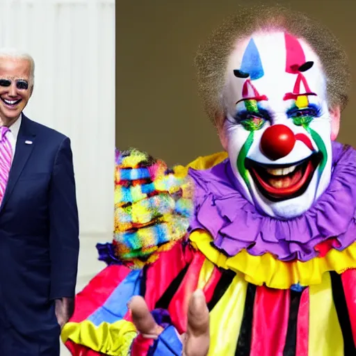 Image similar to A grand circus with Joe Biden in the middle wearing clown costume and colorful clown makeup