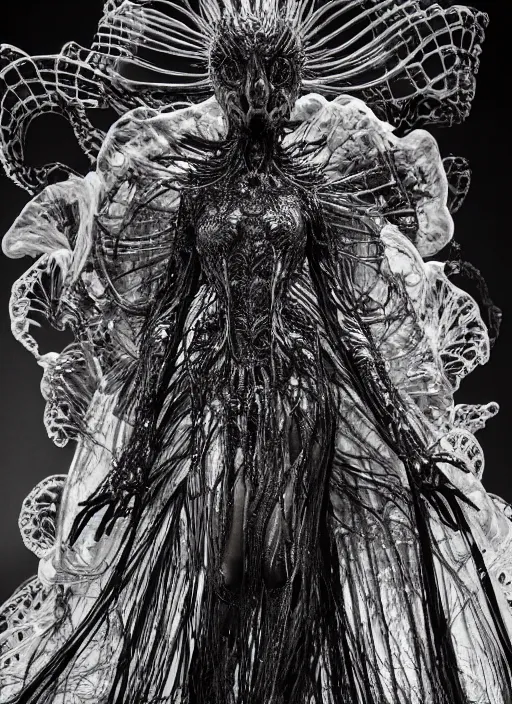 Image similar to walking down the catwalk, ben watts, show, stage, vogue photo, podium, fashion show photo, historical baroque dress dark, iris van herpen, beautiful woman, masterpiece, intricate, biopunk, vogue, full body shot, alien, plant predator, guyver, jellyfish, white biomechanical details, highly detailed