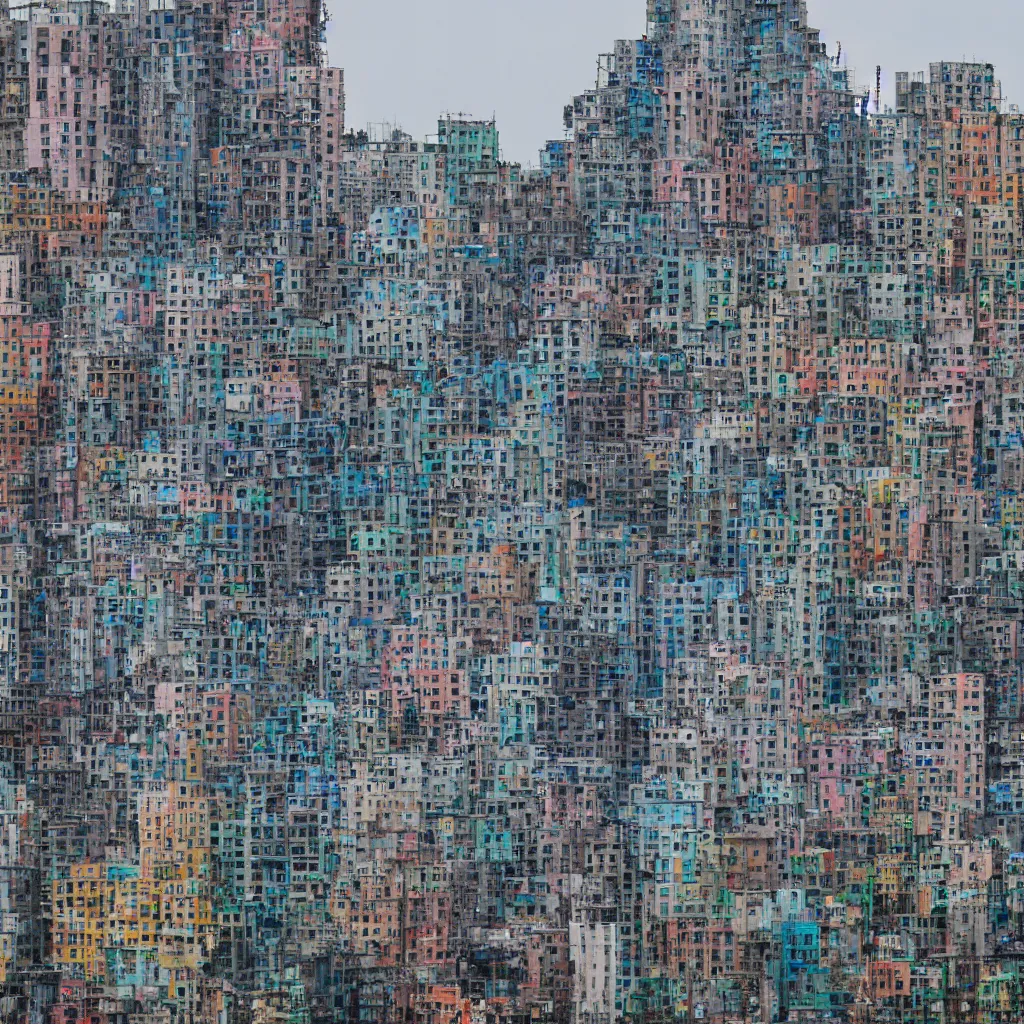 Image similar to a circular tower, made up of colourful makeshift squatter shacks in city downtown, dystopia, sony a 7 r 3, f 1 1, fully frontal view, ultra detailed, photographed by hiroshi sugimoto and,