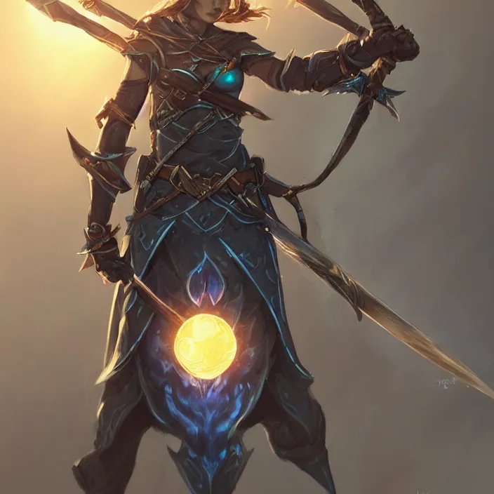 Image similar to an elf ranger with weapons drawn facing a glowing blue orb, fantasy concept art, trending on artstation, video game concept art, highly detailed, cinematic lighting, digital art, dark fantasy