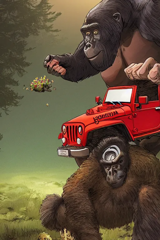 Prompt: gorilla driving a jeep holding a amanita muscaria, sunshine, by alba ballesta gonzalez and moebius. 4 k wallpaper, digital flat 2 d, japan animation, comic book, illustration, cinematic lighting, smooth sharp focus.