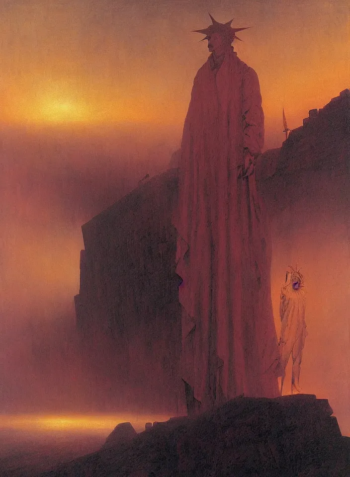 Image similar to the blind liberty of the few, red and purple palette, volume light, fog, by caspar david friedrich by ( h. r. giger ) and paul lehr