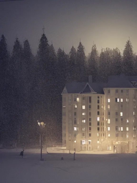 Image similar to film still of tiny soviet residential building, residential suburb area, lights are on in the windows, deep dark night, cozy atmosphere, cold winter, snowing, streetlamps with orange light, volumetric light, several birches nearby, elderly people stand at the entrance to the building, mega detailed, unreal render