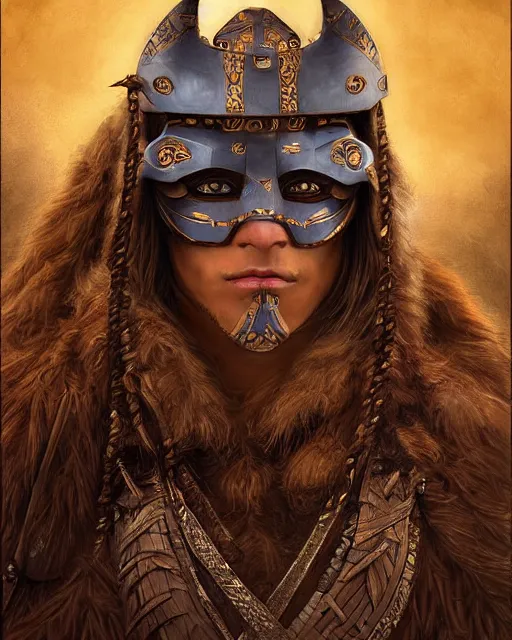 Image similar to digital painting of stunning beautful masked incan warrior, by filipe pagliuso and justin gerard, symmetric, fantasy, highly detailed, realistic, intricate, portrait, sharp focus, tarot card, face, handsome, peruvian