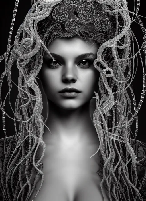 Image similar to surreal mythical dreamy dark artistic black and white fine art photo of a beautiful young female medusa - mermaid - cyborg covered with translucent algae, highly detailed, intricate crystal ivy jelly fish scales ornate, lace web, poetic, octane render, 8 k, photo - realistic, by man ray