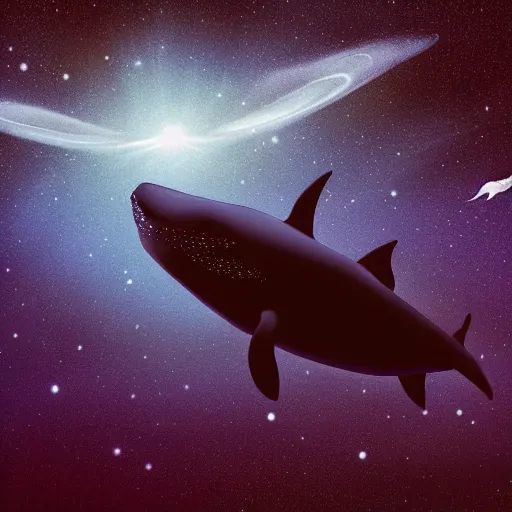 Image similar to portrait of space whale on a dark night sky in space, flying across the universe, oniric, dreamy, beautiful, highly detailed, realistic, cinematic, dynamic composition