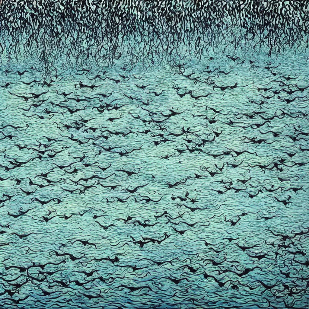 Image similar to blackswans in a lake, lake is super blue, sky is visible, lake surrounded by forest, by collaboration of M. C. Escher and Salvador Dali and Van Gogh