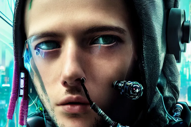 Image similar to cyberpunk hacker closeup portrait in high tech compound by Emmanuel Lubezki