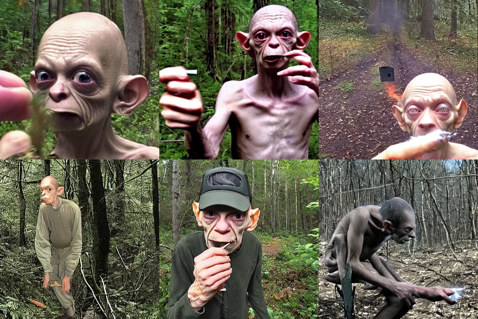 Prompt: gollum smokes cigarette trail cam