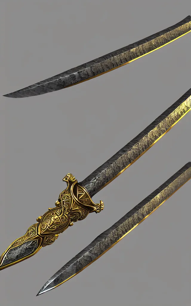 Image similar to very large detailed long sword, proportional image, clean background, 3 d octane render, blade, sharp, gold, gems,