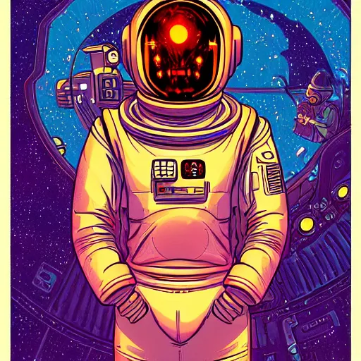 Prompt: glowing astronaut inspired by René Laloux, Dan Mumford, stars, cinematic