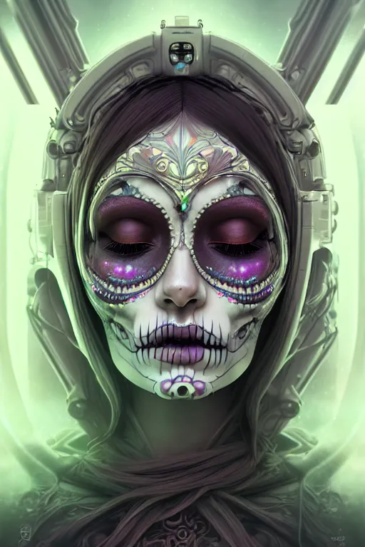 Image similar to ultra detailed female android deity, eyes closed, 8 k, flowerpunk, sci - fi, fantasy, moody, calm, ( dia de los muertos ), asymmetrical, concept art, art by artgerm and giger and michael welan and alphonse mucha and loish and wlop