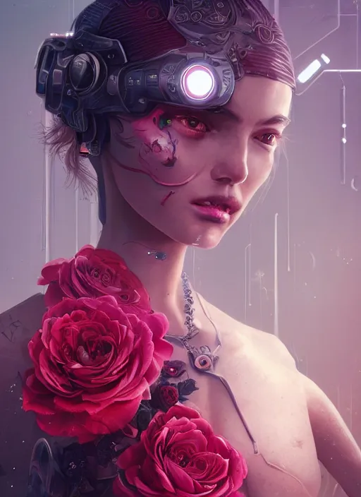 Image similar to portrait of a seductive female with roses, cyberpunk cyborg. roses, muted colors, sci fi, intricate abstract upper body intricate artwork, by tooth wu, wlop, beeple, dan mumford. concept art, octane render, deviantart, greg rutkowski, cinematic arthouse, key art, hyper realism,