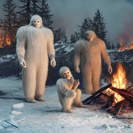 Image similar to Highly detailed, photorealistic, family of Yetis around a bonfire, by Gregory Crewdson