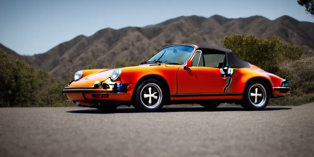 Prompt: photograph, rebadged, 1974 PORSCHE 911, roadster, by Pete Biro, press release, cinematic, malibu canyon, 8k, depth of field, bokeh ,