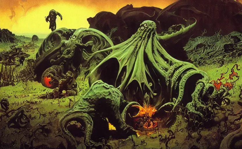 Image similar to cthulhu devouring farmland. highly detailed science fiction painting by norman rockwell, frank frazetta, and syd mead. rich colors, high contrast, gloomy atmosphere, dark background. trending on artstation