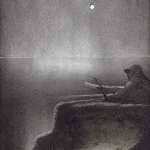 Image similar to a man sits at the edge of a river in the underworld in hades as he waits for the ferryman, charon, greek mythology, beksinski